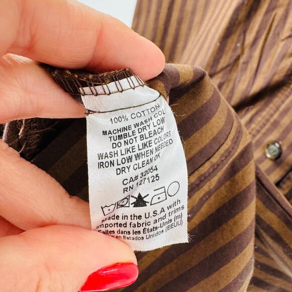 Loup XS Brown Black Striped Button Front Cotton Midi Shift Dress Slow Fashion - Picture 6 of 7